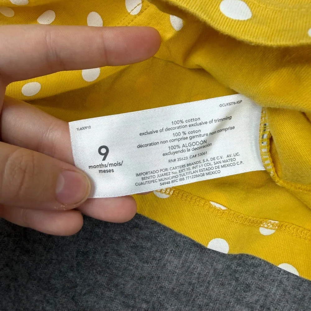 Carter's Top Baby Girl 9M Yellow Polka Dot Striped Flutter Sleeve‎ Pear Accent